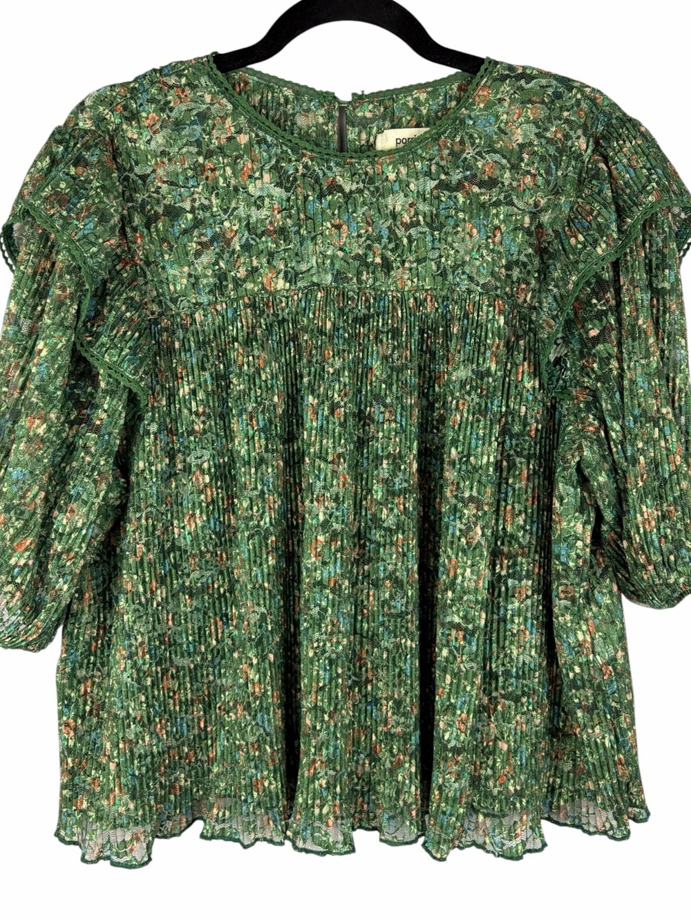 Porridge Anthropologie Green Floral Lace Pleated Ruffle Blouse Size Medium